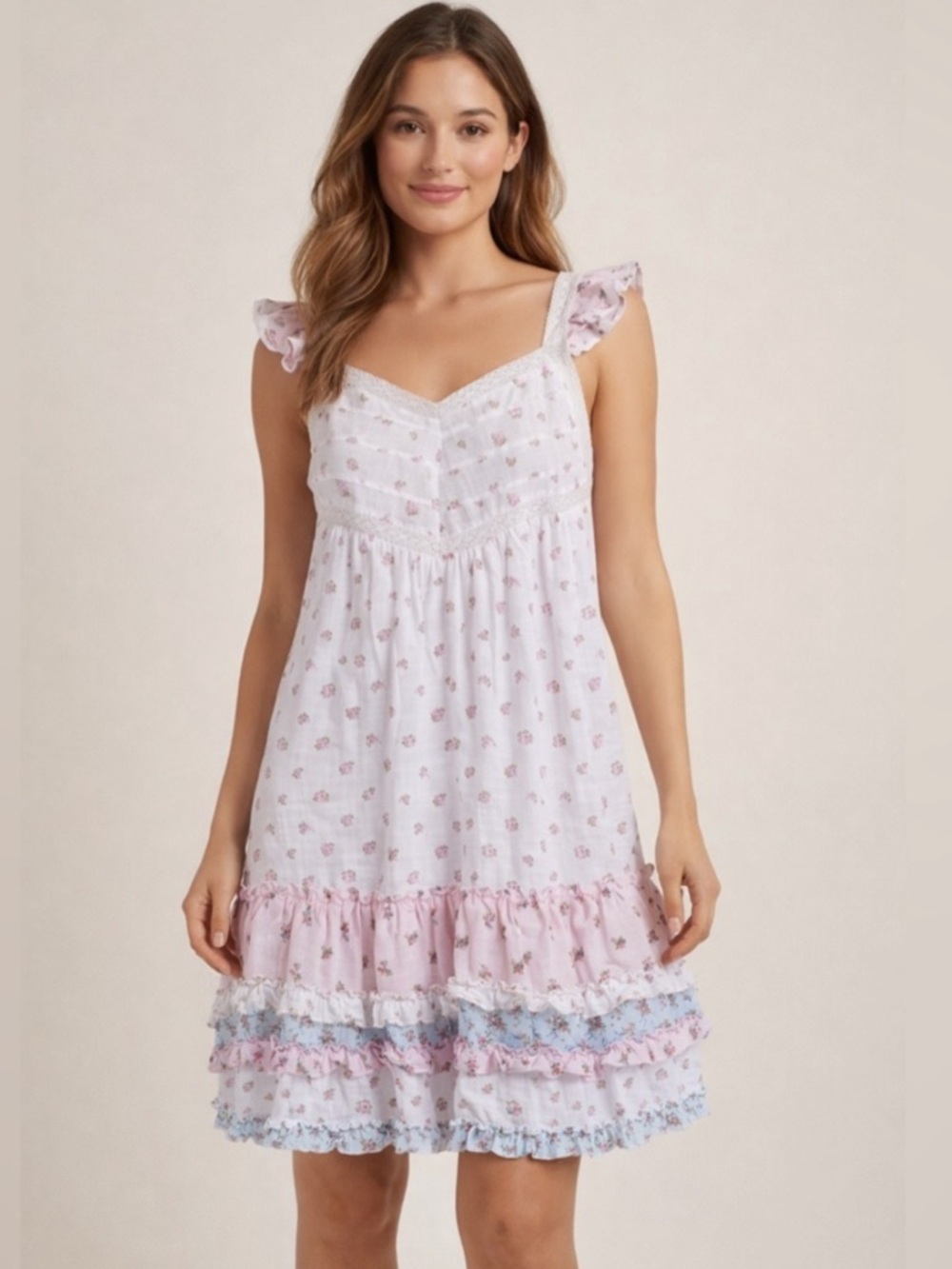 Envogue White and Pink Floral Ruffled Cotton Chemise
